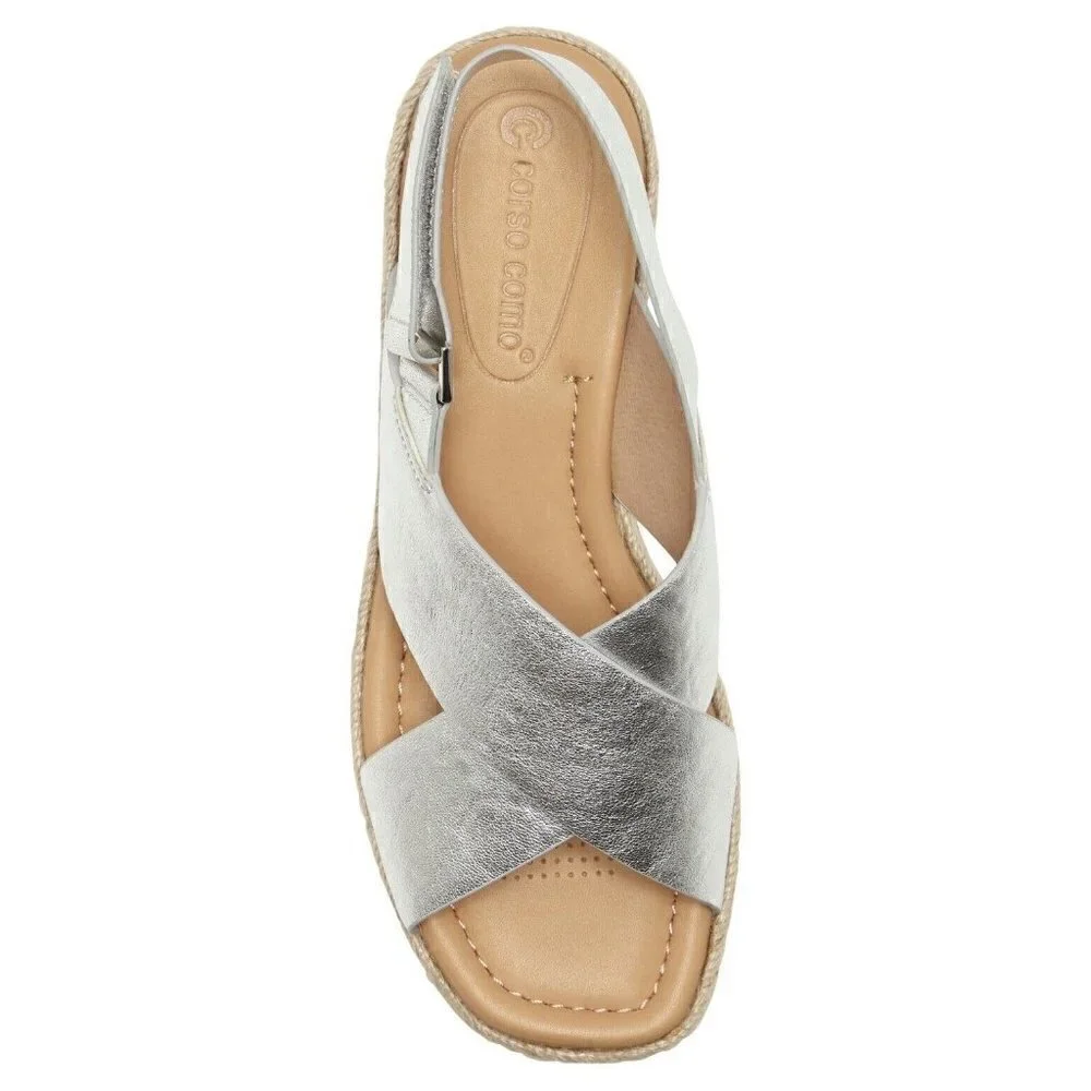 NEW Corso Como Penelopy Platform Wedge Sandal Silver Leather Women's Size 9.5
